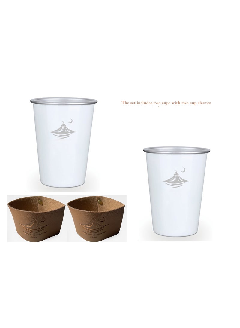 Premium Arabic Style Stainless Steel Cups, Outdoor Coffee Cups, Camping Cup with Cup Sleeves, Moon and tent design, 2pcs,white  - Image 5
