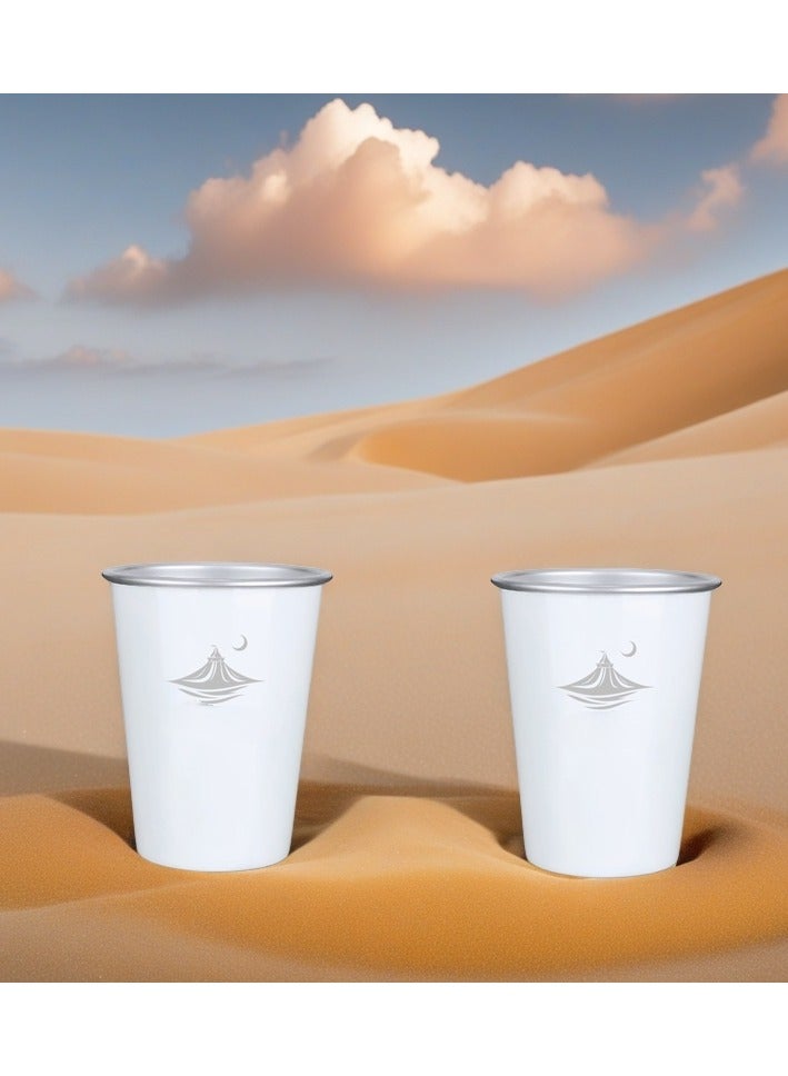 Premium Arabic Style Stainless Steel Cups, Outdoor Coffee Cups, Camping Cup with Cup Sleeves, Moon and tent design, 2pcs,white  - Image 1