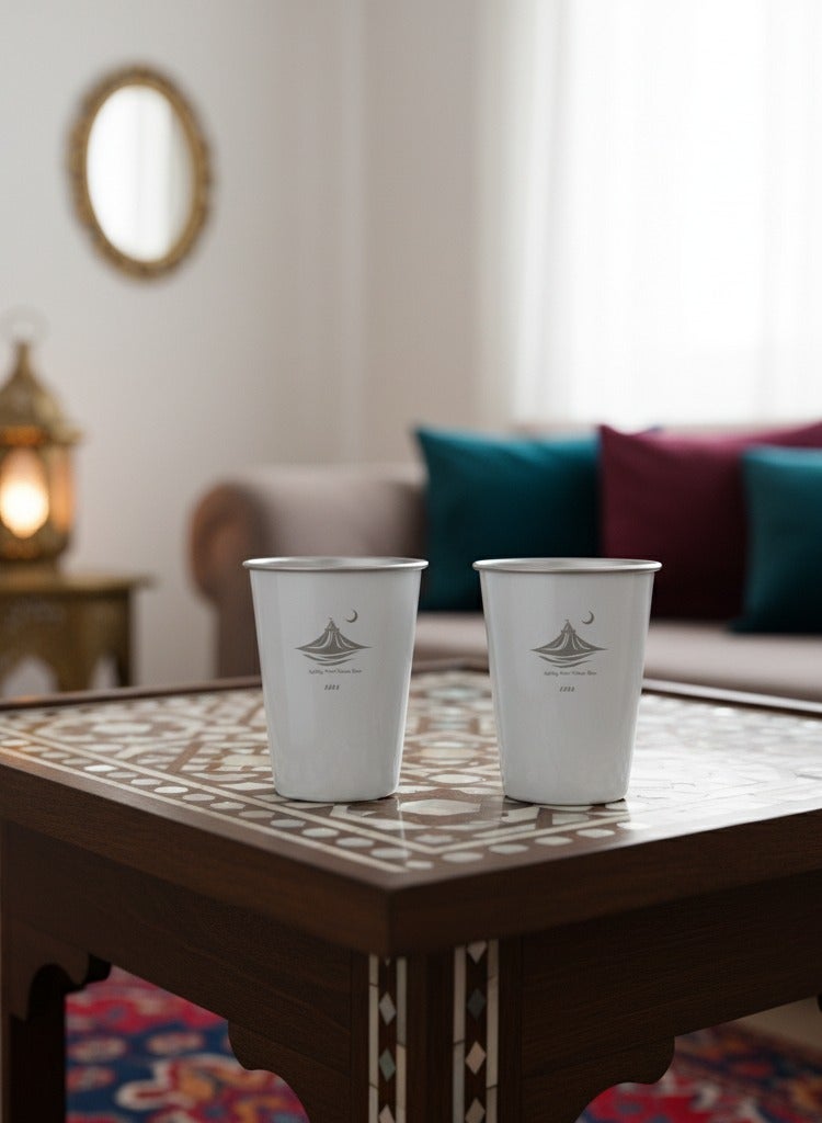 Premium Arabic Style Stainless Steel Cups, Outdoor Coffee Cups, Camping Cup with Cup Sleeves, Moon and tent design, 2pcs,white - Image 1