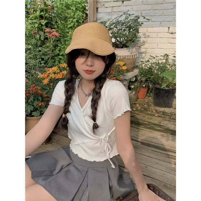 Summer New Spice Girl Short Figure V-neck Design Sense Strap T-shirt Women's Short-sleeved Niche Sweater Slim-fit Trendy - Image 1