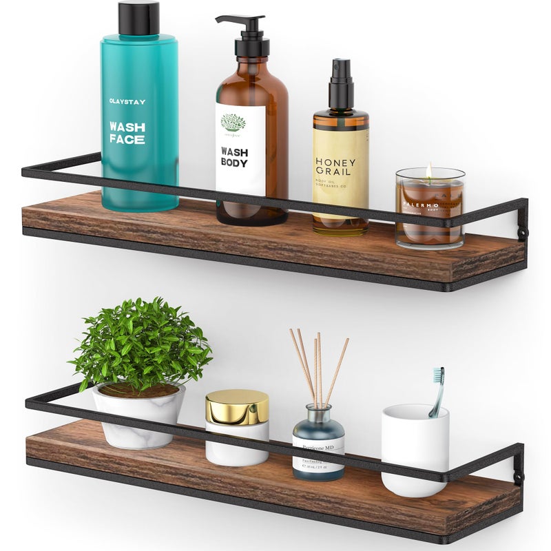Meangood Floating Shelves Wall Mounted Set of 2 Rustic Wood Wall Storage Shelves for BedroomLiving RoomBathroom Kitchen Rustic Brown