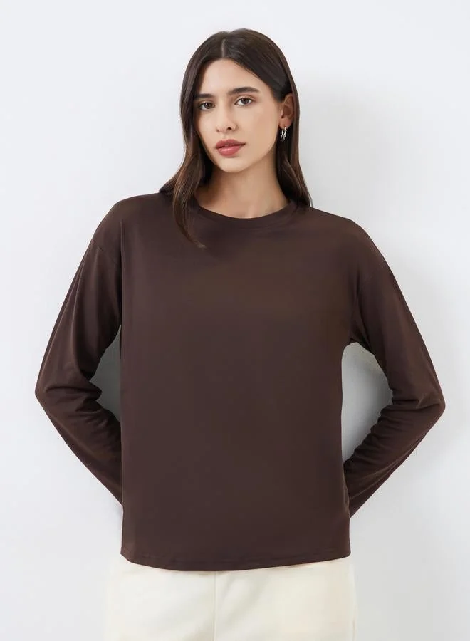 Styli Brown Boxy Long Sleeve T-Shirt