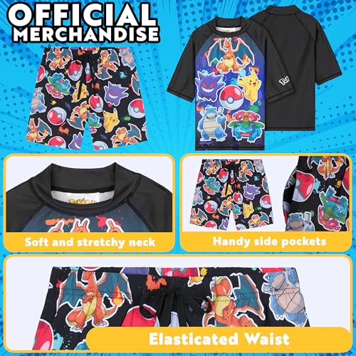 Get Trend Pokemon Bathing Suit Set for Boys Teens 2 Pcs Swim Trunks Rash Guard (11-12 Years, Multi Pokemon) - Image 4