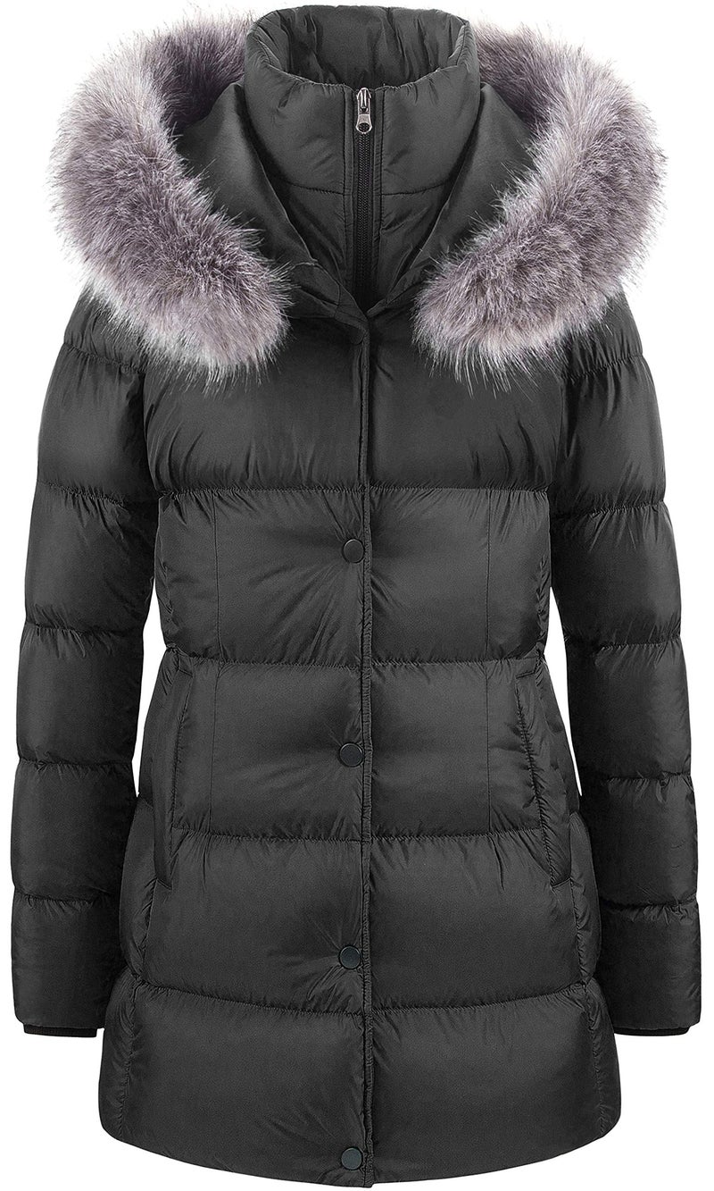 CREATMO US Womens Fur Puffer Coats Warmest Winter Jacket Mid Length Quilted Jacket Black M