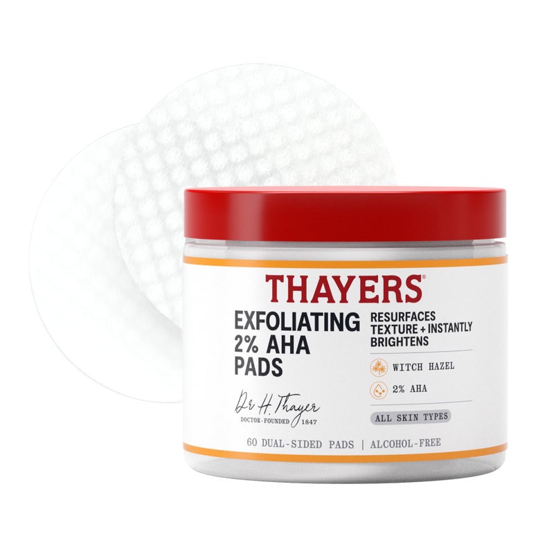 Thayers Exfoliating 2% AHA Toner Pads, Dual-Sided Exfoliating Pads with Witch Hazel, Glycolic Acid and Lactic Acid to Resurface Skin Texture and Instantly Brighten, For All Skin Types, 60 Count - Image 1