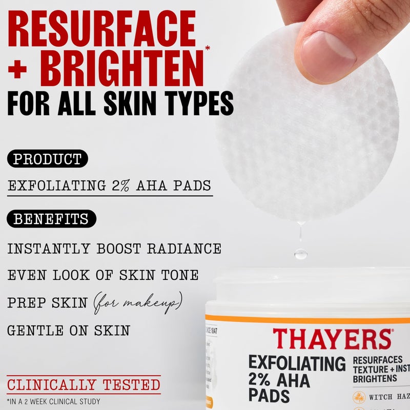 Thayers Exfoliating 2% AHA Toner Pads, Dual-Sided Exfoliating Pads with Witch Hazel, Glycolic Acid and Lactic Acid to Resurface Skin Texture and Instantly Brighten, For All Skin Types, 60 Count - Image 2