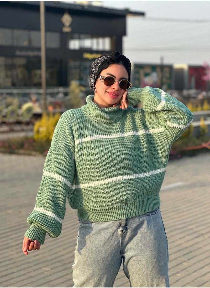 Puritopia - Mint Trico Boot Neck Pullover With White Lines - Image 1