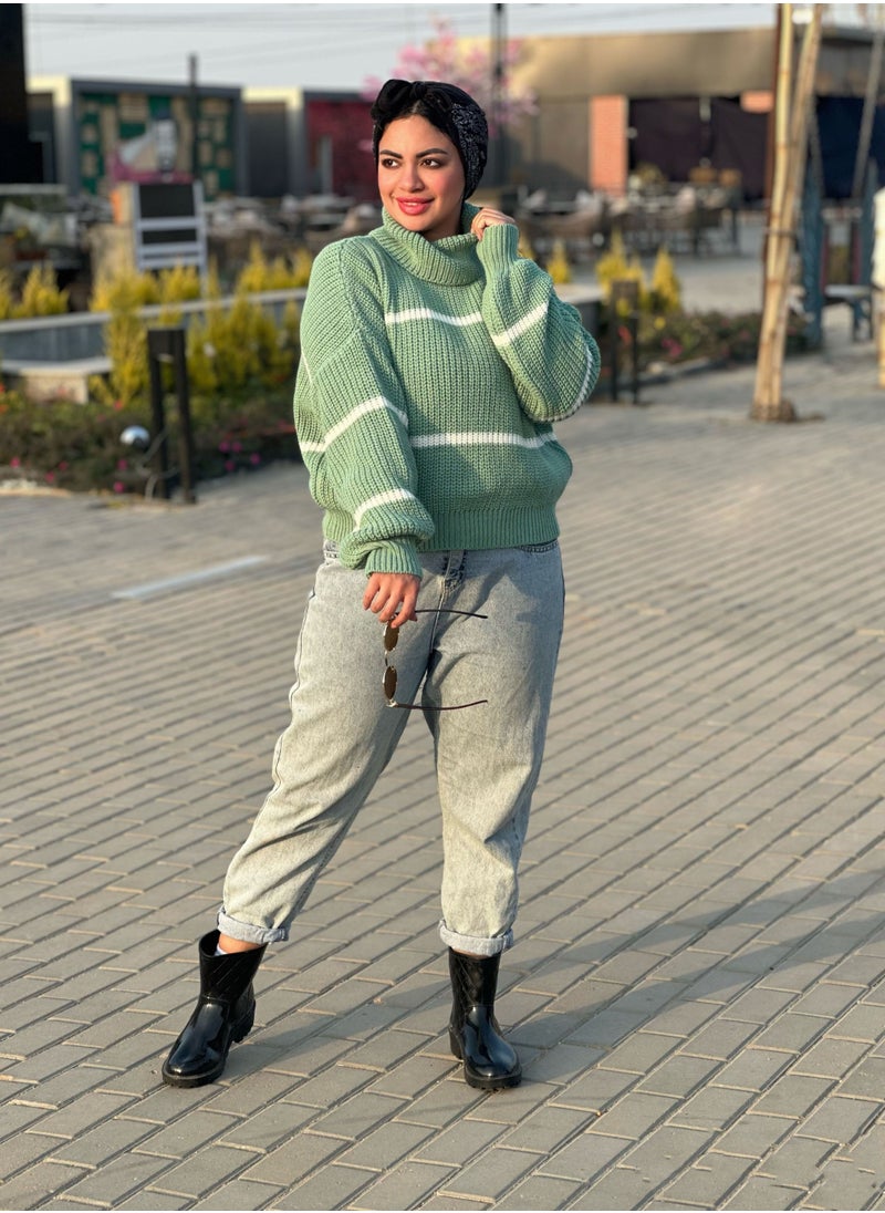 Puritopia - Mint Trico Boot Neck Pullover With White Lines - Image 1