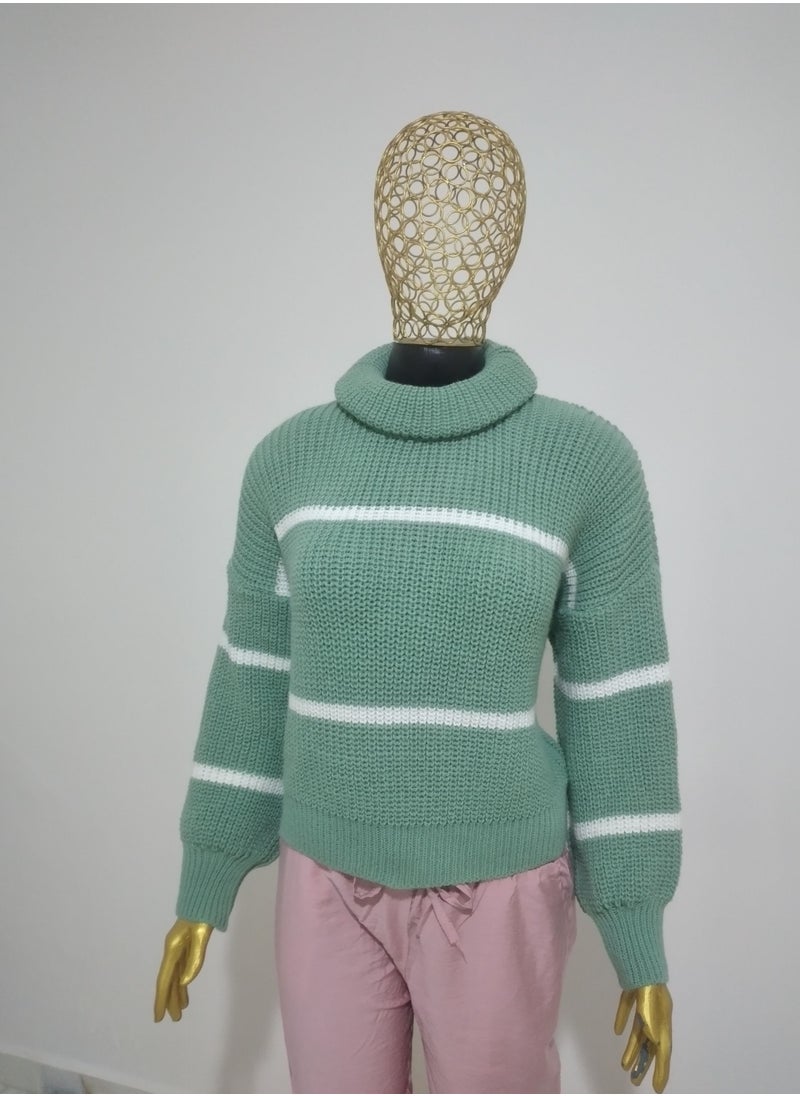 Puritopia - Mint Trico Boot Neck Pullover With White Lines - Image 1