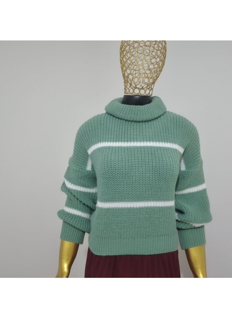 Puritopia - Mint Trico Boot Neck Pullover With White Lines - Image 1
