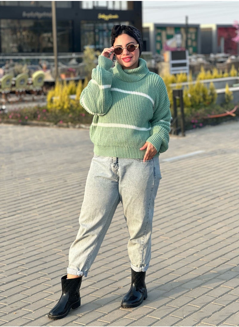 Puritopia - Mint Trico Boot Neck Pullover With White Lines - Image 1