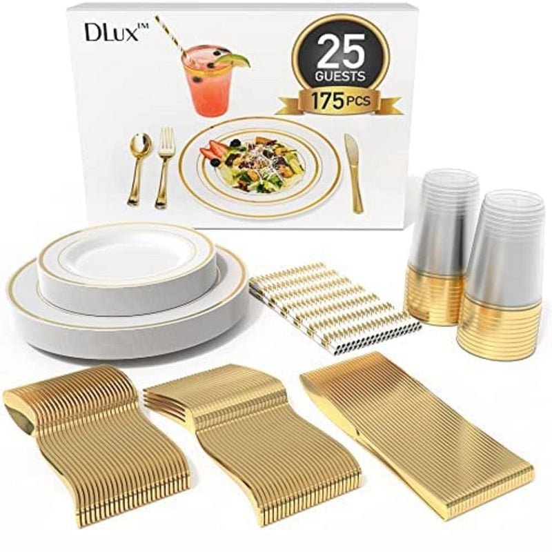 DLux 175 Pieces Gold Plastic Dinnerware Set for 25 Guests 25 Forks Knives Spoons Cups Straws Salad  Dinner Plates for Wedding and Party reusable