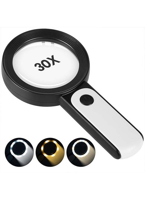 Magnifying Glass with Light, 30X Handheld Large 18LED Cold and Warm Light with 3 Modes, Illuminated Magnifier for Seniors Reading, Inspection, Coins, Jewelry, Exploring