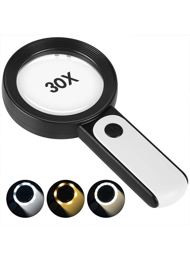 Magnifying Glass with Light, 30X Handheld Large 18LED Cold and Warm Light with 3 Modes, Illuminated Magnifier for Seniors Reading, Inspection, Coins, Jewelry, Exploring