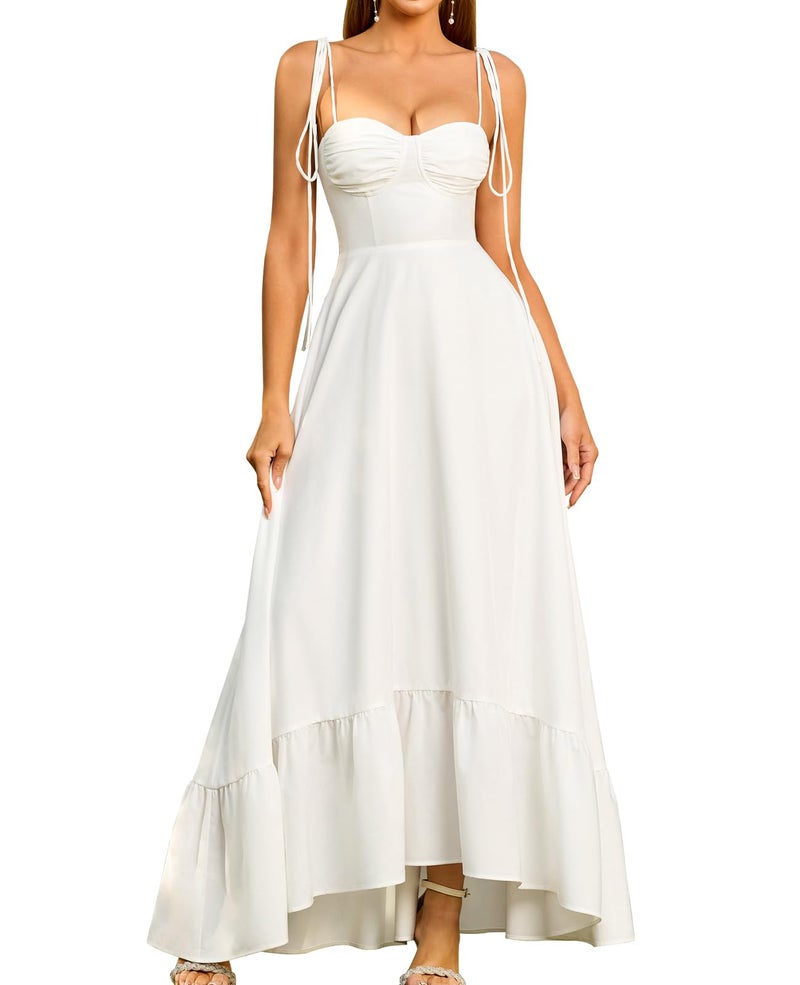 GLNEGE Women's Summer Spaghetti Strap Maxi Wedding Guest Dress Smocked Ruffle Tea Party Dresses Flowy A Line Sundress White - Image 1