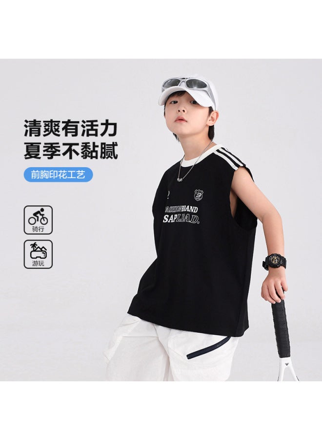 Boys' Summer Korean-style Sports Sleeveless T-shirt  New Children's Summer Clothing For Older Kids Half-sleeve Ice-feel Top
