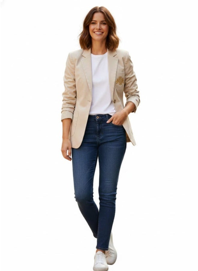 RALPH LAUREN Women's Beige Blazer Jacket with Luxury Crest Embroidery | Premium Cotton Material & Tailored Fit | Business & Stylish Look for Office & Outdoor - Image 1