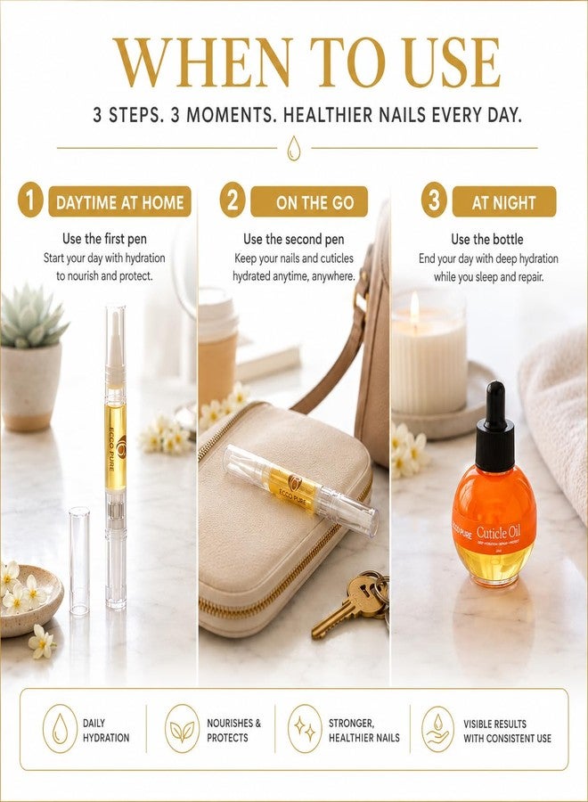 ECCO PURE Cuticle Oil Set with Dropper Bottle (30ml) + 2 Cuticle Oil Pens (3ml Each) - Nail & Cuticle Moisturizing Oil for Dry Nails, At-Home Manicure Care, Travel-Friendly Nail Oil Kit - Image 3