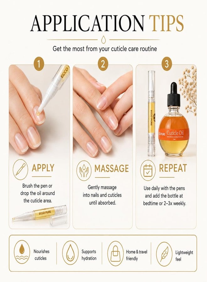 ECCO PURE Cuticle Oil Set with Dropper Bottle (30ml) + 2 Cuticle Oil Pens (3ml Each) - Nail & Cuticle Moisturizing Oil for Dry Nails, At-Home Manicure Care, Travel-Friendly Nail Oil Kit - Image 4