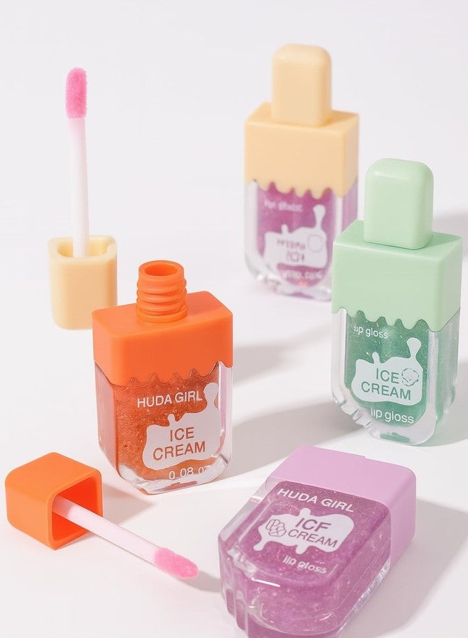 HUDA GIRL 4PC Korean Ice Cream Lip Gloss - Pink Shiny Finish, Repair Moisturizing Hydrating, Waterproof, Long Lasting lip gloss for women - Image 3
