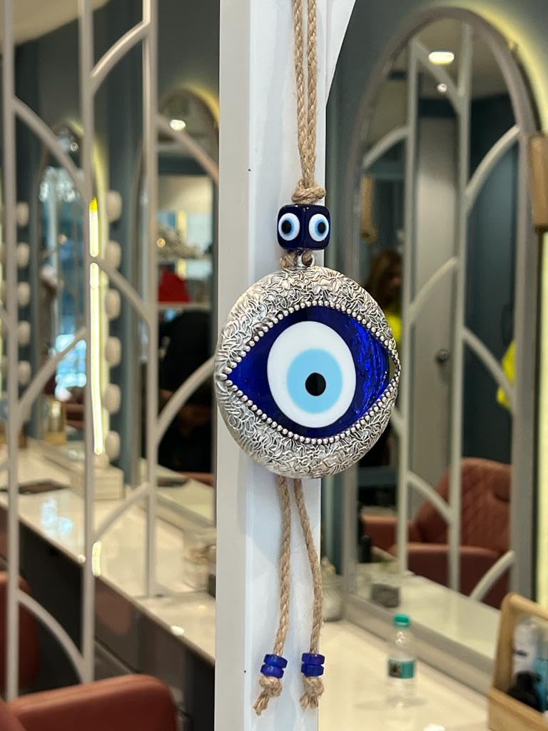 BLUE BEADS Handmade Turkish Evil Eye Wall Hanging – Metal & Glass Nazar Protection Amulet for Home & Office – Boho Spiritual Decor – Good Luck Charm (Silver Evil Eye) - Image 4