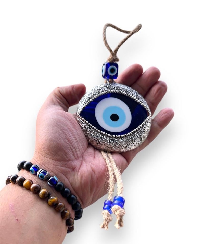 BLUE BEADS Handmade Turkish Evil Eye Wall Hanging – Metal & Glass Nazar Protection Amulet for Home & Office – Boho Spiritual Decor – Good Luck Charm (Silver Evil Eye) - Image 1