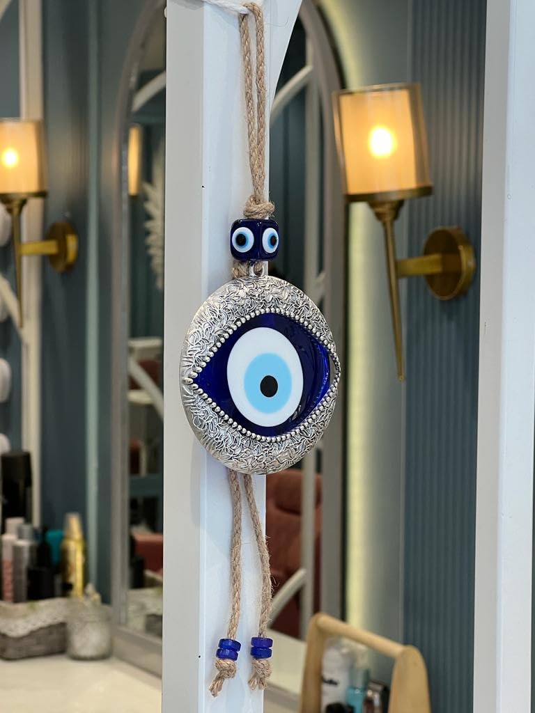 BLUE BEADS Handmade Turkish Evil Eye Wall Hanging – Metal & Glass Nazar Protection Amulet for Home & Office – Boho Spiritual Decor – Good Luck Charm (Silver Evil Eye) - Image 3