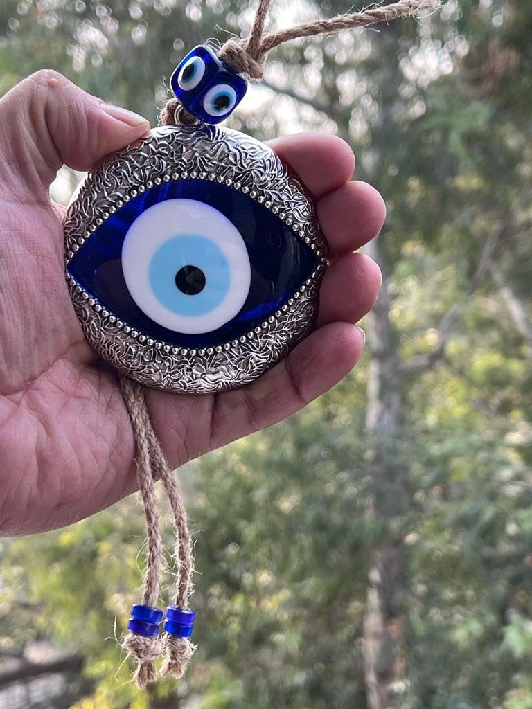 BLUE BEADS Handmade Turkish Evil Eye Wall Hanging – Metal & Glass Nazar Protection Amulet for Home & Office – Boho Spiritual Decor – Good Luck Charm (Silver Evil Eye) - Image 2