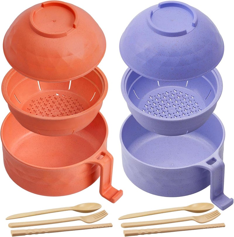 Romooa 2 Sets Microwave Ramen Bowl 33 oz Wheat Fiber Portable Instant Noodle Cooker Bowl with Handles Strainer Spoon Chopstick Fork College Dorm Room Apartment EssentialsPurpleOrange - Image 1