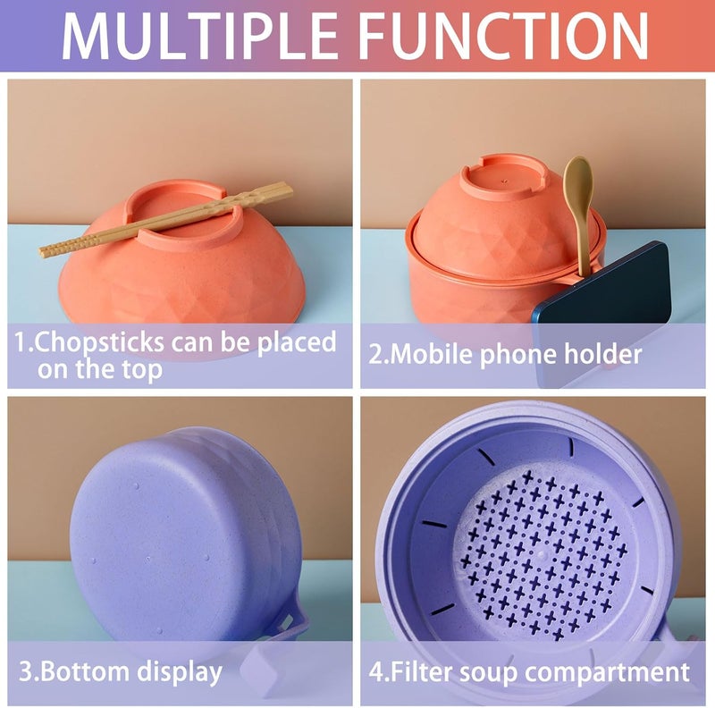Romooa 2 Sets Microwave Ramen Bowl 33 oz Wheat Fiber Portable Instant Noodle Cooker Bowl with Handles Strainer Spoon Chopstick Fork College Dorm Room Apartment EssentialsPurpleOrange - Image 3