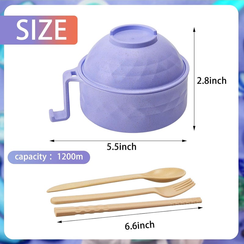 Romooa 2 Sets Microwave Ramen Bowl 33 oz Wheat Fiber Portable Instant Noodle Cooker Bowl with Handles Strainer Spoon Chopstick Fork College Dorm Room Apartment EssentialsPurpleOrange - Image 2