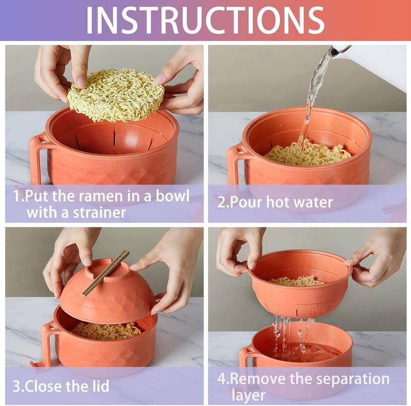 Romooa 2 Sets Microwave Ramen Bowl 33 oz Wheat Fiber Portable Instant Noodle Cooker Bowl with Handles Strainer Spoon Chopstick Fork College Dorm Room Apartment EssentialsPurpleOrange - Image 4