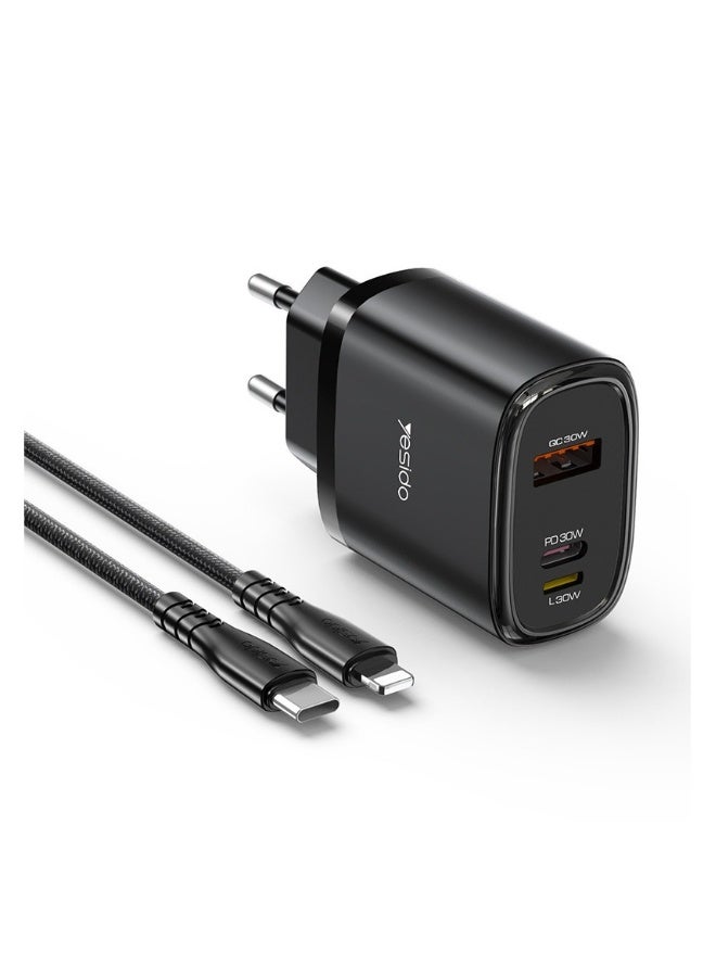 بيوينتي شاحن 30 واط شحن سريع معيار أوروبي رأس شحن ثلاثي المنافذ PD مجموعة شحن سريع عالمية مع كابل بيانات - Image 2