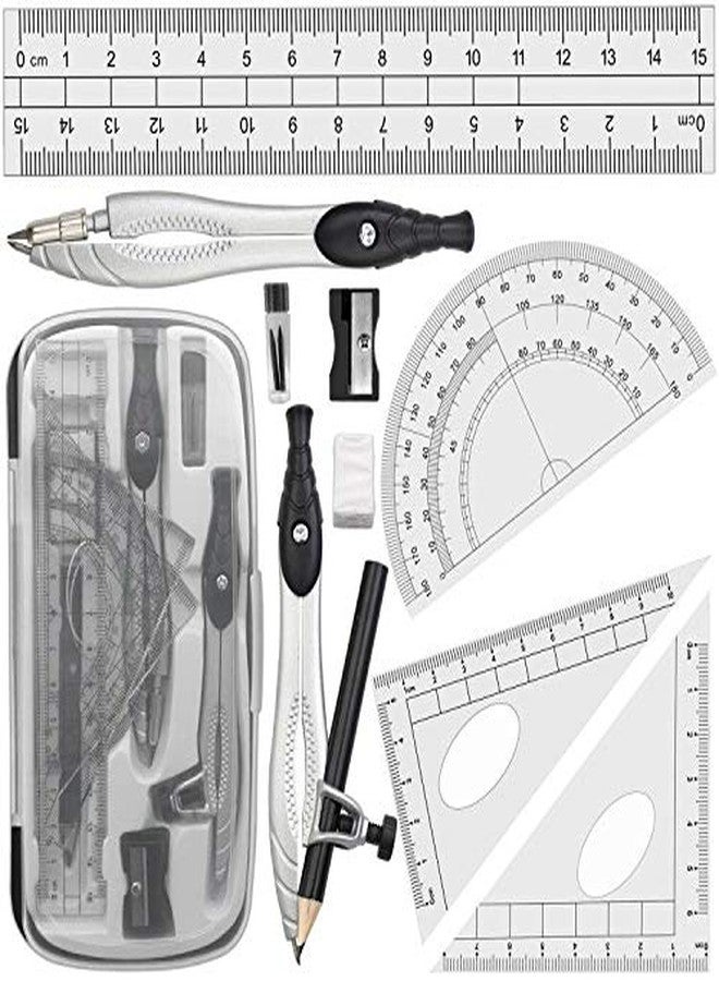 Akuoly Professional Geometry Compass Set, Starter Compass Set Includes 2 Drafting Compasses, Protractor, 2 Set Squares, Ruler in Storage Box, Back-to-School Math Supplies for Students, Black - Image 1