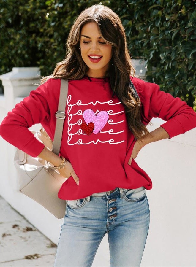 JinTing Valentine's Day Sweatshirt For Women Heart Sequin Pullover Love Season Hoodie Crewneck Long Sleeve Tops Red - Image 2