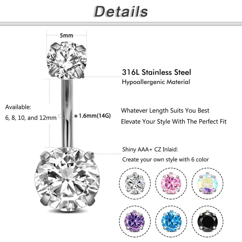 Incaton 14G Belly Button Ring Surgical Stainless Steel Round Cubic Zirconia Navel Barbell Belly Rings For Women 6/8/10/12mm 1S12 - Image 2