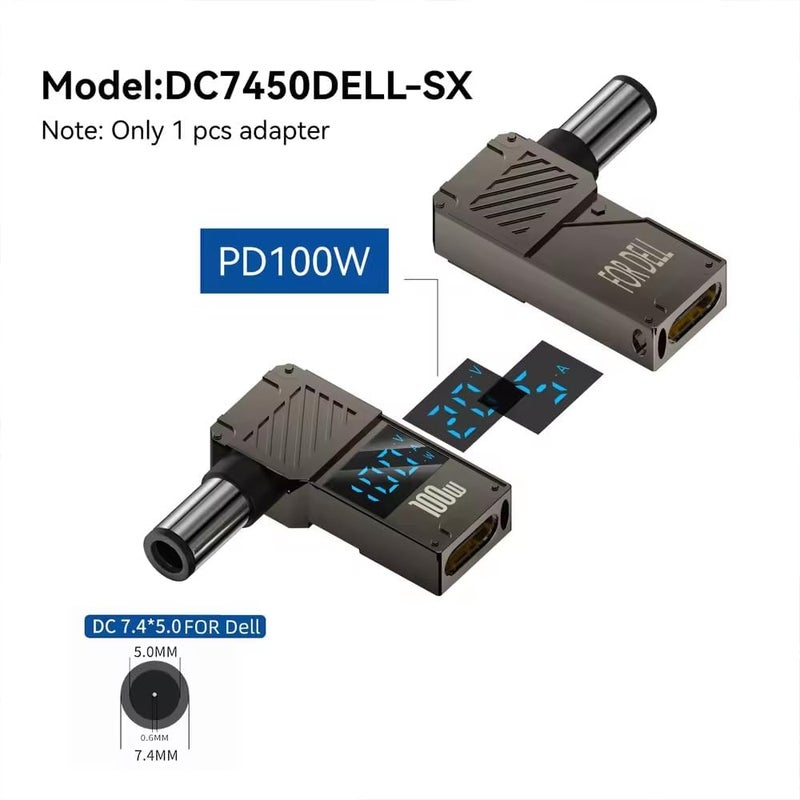 Tobo محول شحن لابتوب USB C إلى 7.4 مم نوع أنثوي C إلى ذكر DC 7.4 × 5.0 مم قابس برميل محول 100 واط PD طاقة شاحن موصل Dll TD-1265CC، أسود - Image 3