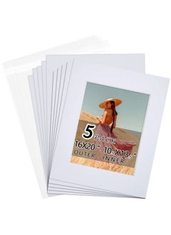 Falling In art Falling in Art 5 Pack Acid Free 16x20'' White Picture Mats Board Show Kit for 11x14'' Pictures, 4-Ply Beveled Pre-Cut Photo Boards with Backing Board and Plastic Clear Bags  - Image 1