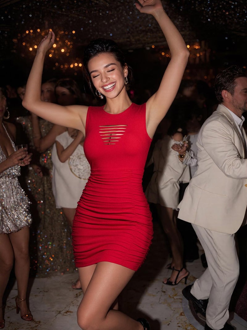 DRESSQUEEN Women 2026 Sexy Summer Bodycon Ruched Party Club Mini Dress Sleeveless Cutout Tight Date Night Tank Short Dresses Red - Image 3