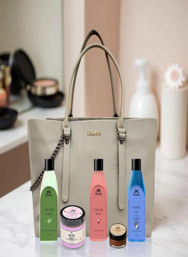 روزيتا مجموعة هدايا روزيتا للعناية بالبشرة الفاخرة مع حقيبة حمل - جل استحمام، لوشن الصبار، جل الوجه بخلاصة النبيذ الأحمر، ملح استحمام بخلاصة الورد، مرطب شفاه بخلاصة الكاكاو - مجموعة تدليل 5 في 1 للنساء - رمادي فاتح - Image 1