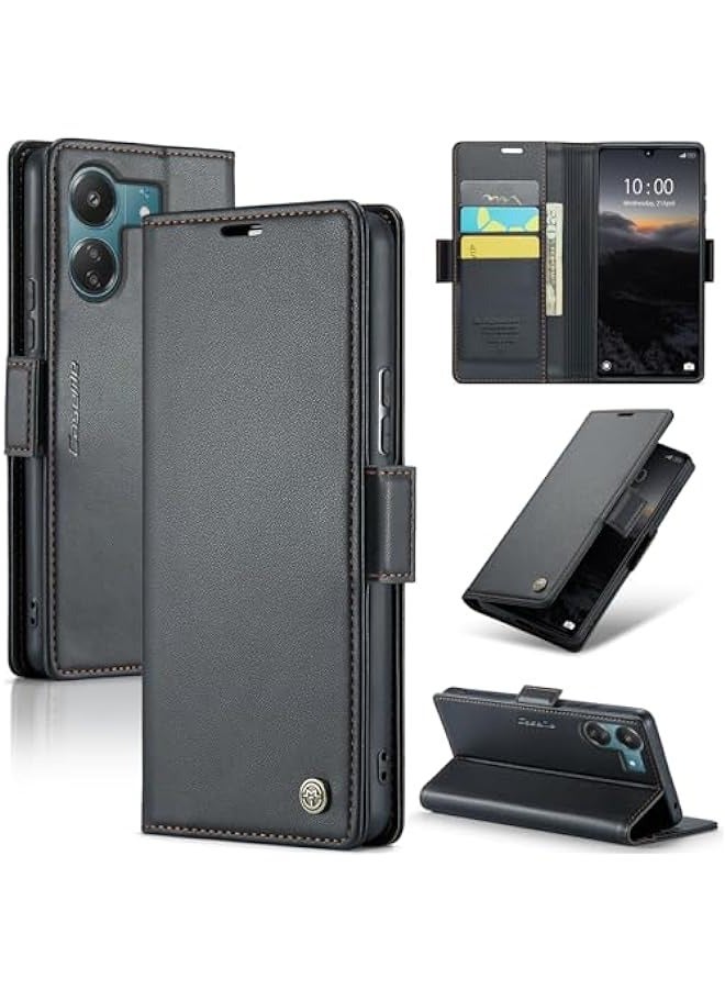 Premium Leather RFID Blocking Wallet Case for Xiaomi Redmi 13C 4G / Xiaomi Poco C65 - Magnetic Flip, Kickstand, Shockproof - Black - Image 1