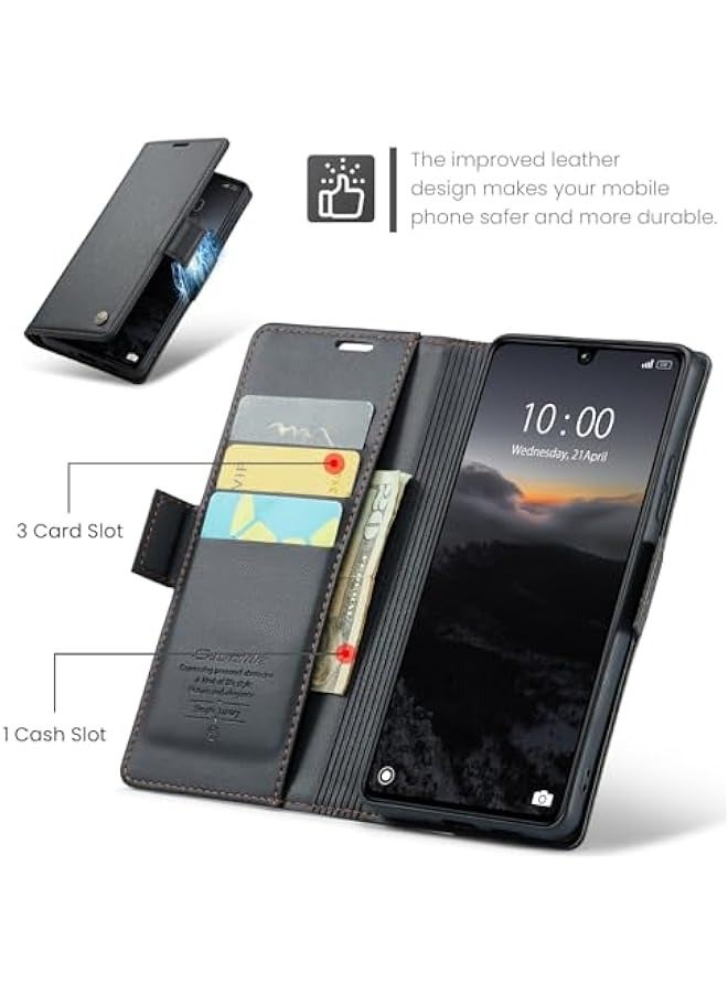 Premium Leather RFID Blocking Wallet Case for Xiaomi Redmi 13C 4G / Xiaomi Poco C65 - Magnetic Flip, Kickstand, Shockproof - Black - Image 3