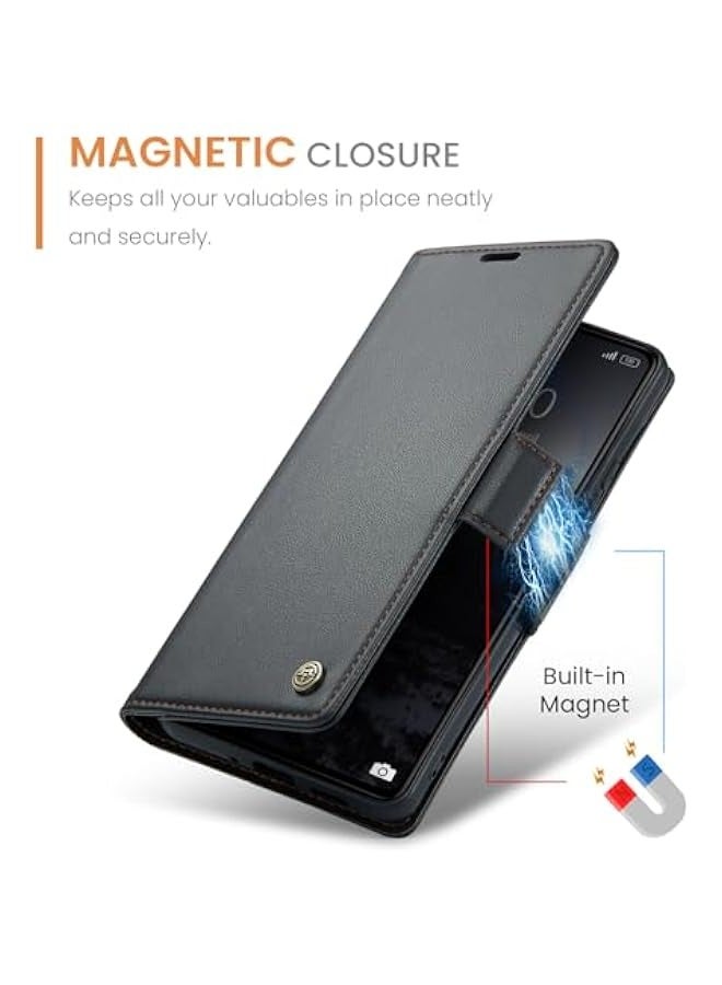 Premium Leather RFID Blocking Wallet Case for Xiaomi Redmi 13C 4G / Xiaomi Poco C65 - Magnetic Flip, Kickstand, Shockproof - Black - Image 4