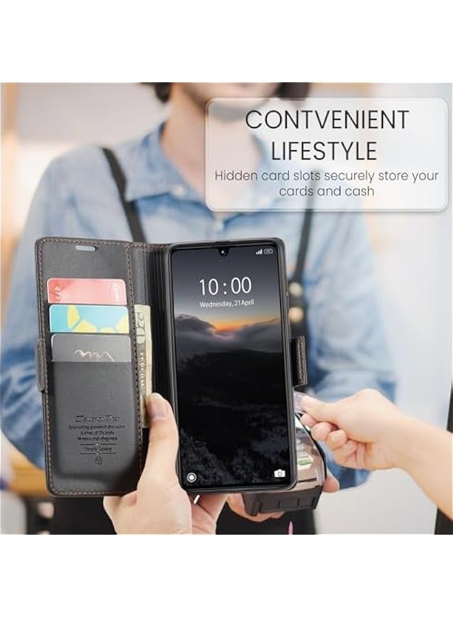 Premium Leather RFID Blocking Wallet Case for Xiaomi Redmi 13C 4G / Xiaomi Poco C65 - Magnetic Flip, Kickstand, Shockproof - Black - Image 5