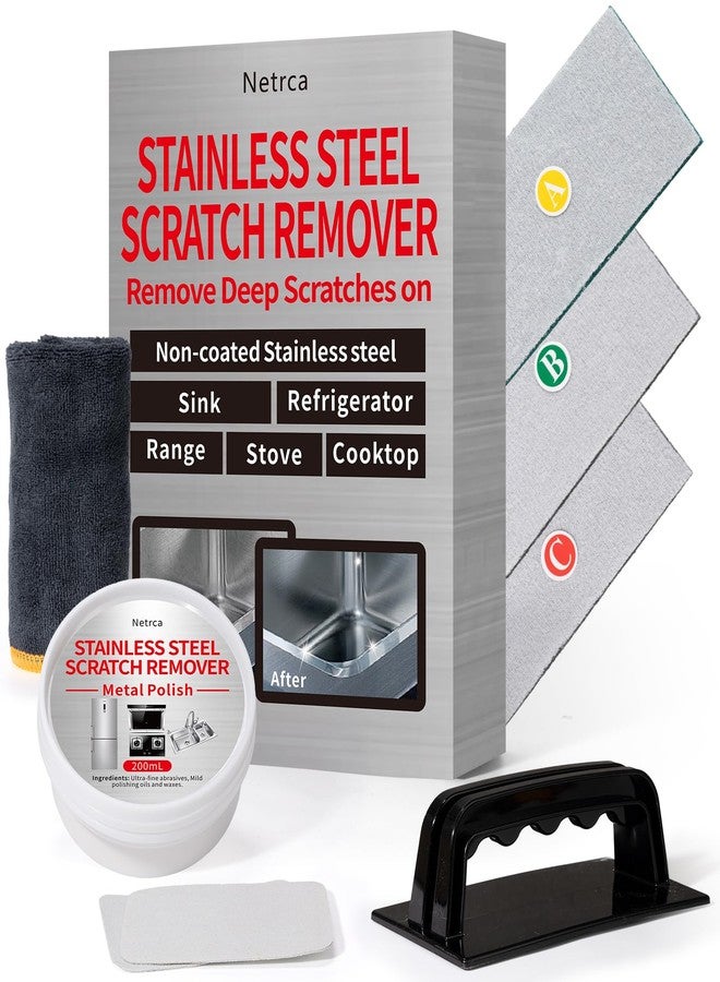 Netrca Stainless Steel Scratch Remover Kit, Removes Deep Scratches from Sinks, Ranges, Fridges, Stoves & Appliances, Restores Like-New Finish, for Non-Coated Stainless Steel, with 3 Pads, Compound, Handle - Image 1