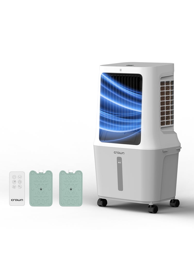 Crownline Evaporative Air Cooler, 30L Tank, 1800m³/h Airflow, Anion Purifier, 3 Wind Modes, 3-Speed Control, Multi-Directional Swing, 12H Timer, Dual Remote Control, Easy-Move Wheels 30 L 120 W AC-400 White - Image 1