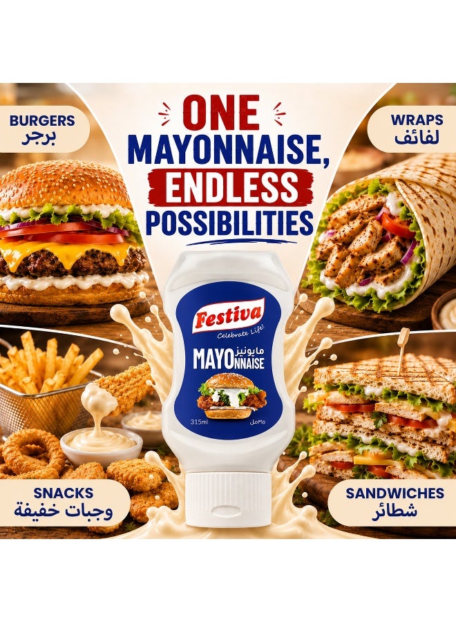 Festiva Mayonnaise 315ml Squeezy Bottle - Creamy Mayo Sandwich Spread for Burgers, Sandwiches, Wraps and Snacks - Dip and Dressing - Image 3