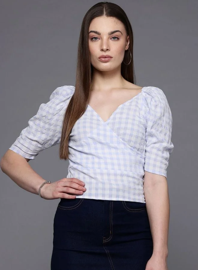 Women Regular Fit Textured V-Neck Short Sleeve Wrap Top