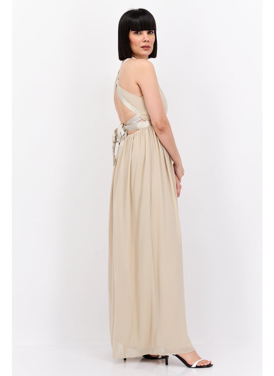 TFNC - Women Bridesmaid Plain Maxi Dress, Beige - Image 1