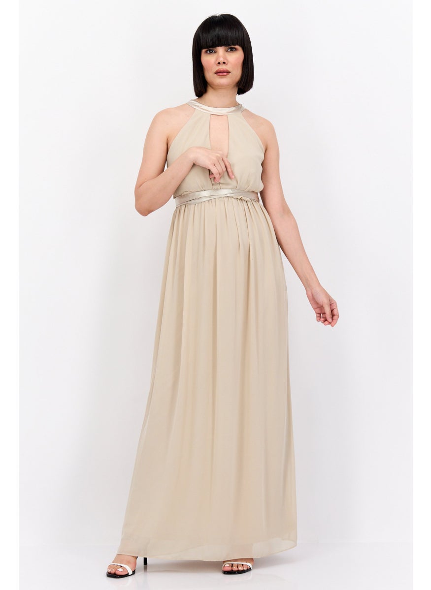 TFNC - Women Bridesmaid Plain Maxi Dress, Beige - Image 1